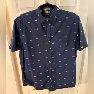 Denim & Flower Navy Short Sleeve Button Down Shirt with Colorful Shoe Pattern
